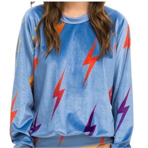Aviator Nation Velvet Lighnting Bolt Crew Blue Sweatshirt NWT